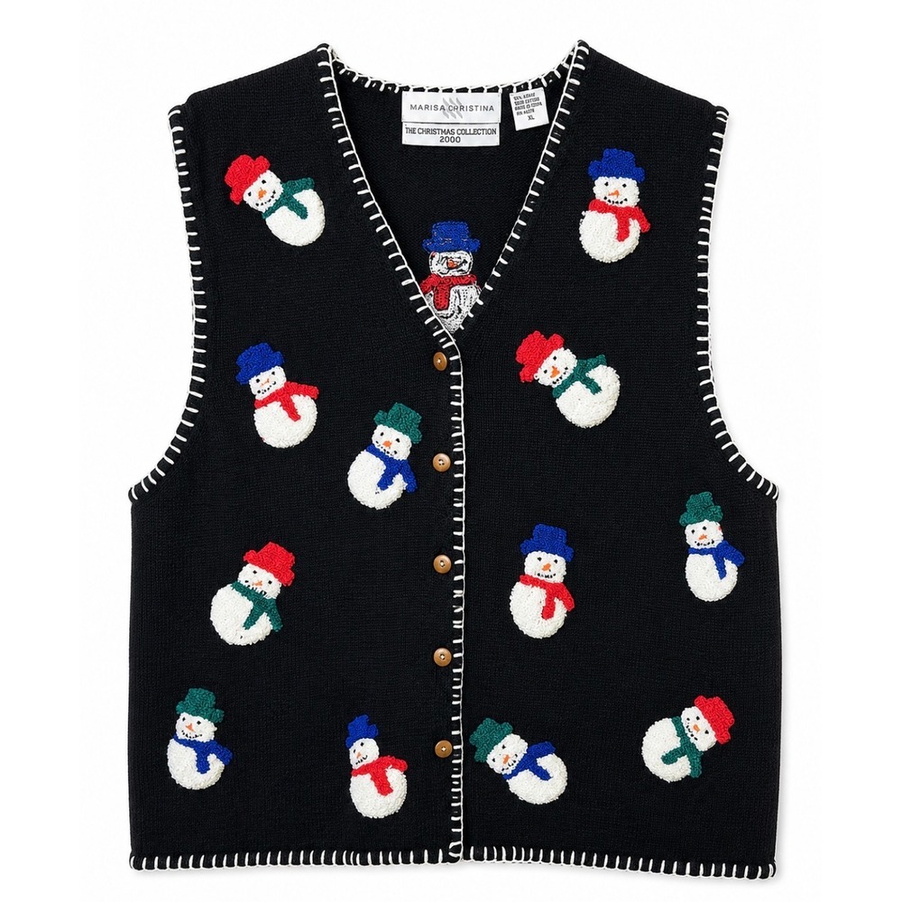 VTG Marisa Christina Snowman Christmas Sweater Vest XL 2000 Holiday Cottagecore